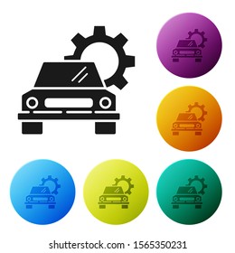 Black Car service icon isolated on white background. Auto mechanic service. Repair service auto mechanic. Maintenance sign. Set icons colorful circle buttons. Vector Illustration