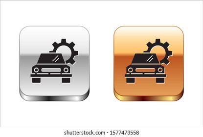 Black Car service icon isolated on white background. Auto mechanic service. Repair service auto mechanic. Maintenance sign. Silver-gold square button. Vector Illustration