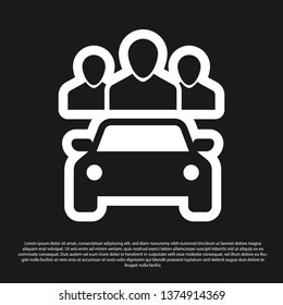 Black Car sharing with group of people icon isolated on black background. Carsharing sign. Transport renting service concept. Vector Illustration