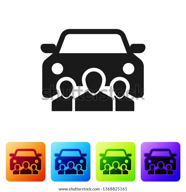 Black Car\
sharing with group of people icon isolated on white background.\
Carsharing sign. Transport renting service concept. Set icon in\
color square buttons. Vector\
Illustration