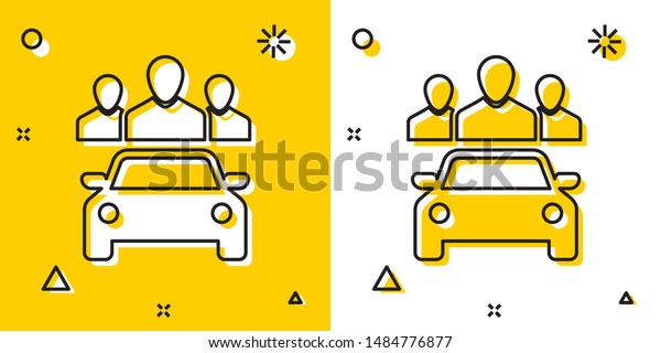 Black Car\
sharing with group of people icon isolated on yellow and white\
background. Carsharing sign. Transport renting service concept.\
Random dynamic shapes. Vector\
Illustration