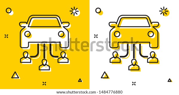 Black Car\
sharing with group of people icon isolated on yellow and white\
background. Carsharing sign. Transport renting service concept.\
Random dynamic shapes. Vector\
Illustration