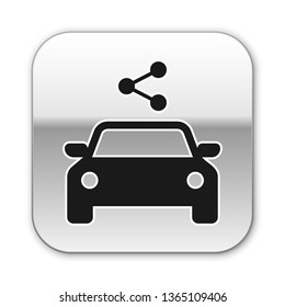 Black Car sharing icon isolated on white background. Carsharing sign. Transport renting service concept. Silver square button. Vector Illustration