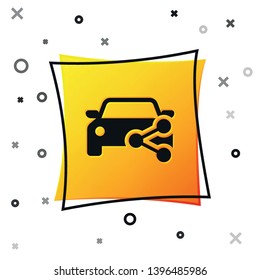 Black Car sharing icon isolated on white background. Carsharing sign. Transport renting service concept. Yellow square button. Vector Illustration