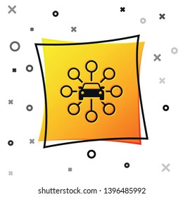 Black Car sharing icon isolated on white background. Carsharing sign. Transport renting service concept. Yellow square button. Vector Illustration