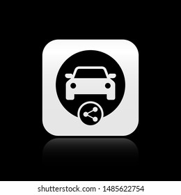 Black Car sharing icon isolated on black background. Carsharing sign. Transport renting service concept. Silver square button. Vector Illustration