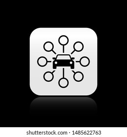 Black Car sharing icon isolated on black background. Carsharing sign. Transport renting service concept. Silver square button. Vector Illustration