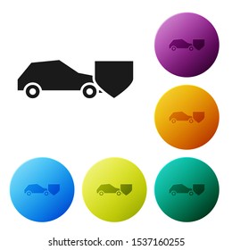 Black Car with shield icon isolated on white background. Insurance concept. Security, safety, protection, protect concept. Set icons colorful circle buttons. Vector Illustration