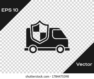 Black Car with shield icon isolated on transparent background. Insurance concept. Security, safety, protection, protect concept. Vector.