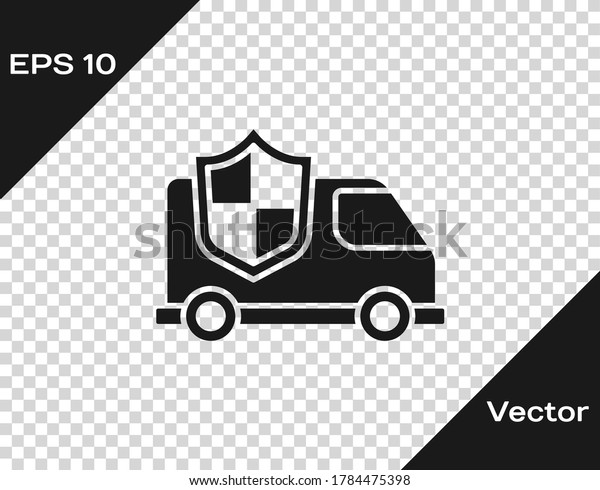 Black Car with shield icon isolated on\
transparent background. Insurance concept. Security, safety,\
protection, protect concept.\
Vector.