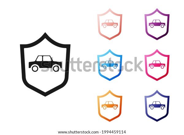 Black Car with shield icon isolated on\
white background. Insurance concept. Security, safety, protection,\
protect concept. Set icons colorful.\
Vector