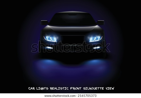 Black car silhouette with light effect. Car headlights\
realistic composition stylish black car with headlights shining in\
the dark vector illustration. Front View Dark Concept Car\
Silhouette Vector. 
