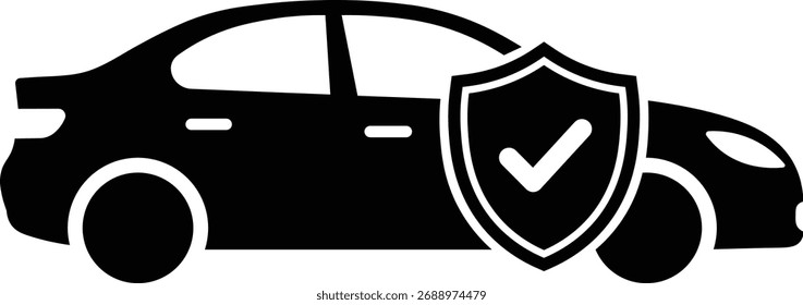 Schwarze Auto Silhouette mit Schild und Häkchen Symbol Fahrzeugschutz