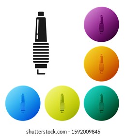 Black Car spark plug icon isolated on white background. Car electric candle. Set icons colorful circle buttons. Vector Illustration