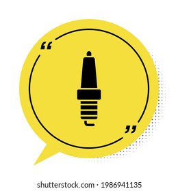 Black Car spark plug icon isolated on white background. Car electric candle. Yellow speech bubble symbol. Vector