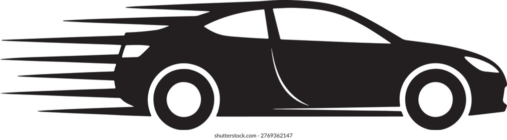 Black car speeding with motion lines behind vehicle side view