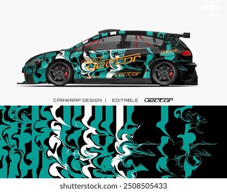 Preto carro azul-petróleo e branco redemoinho carro wrap design adequado para personalização do veículo, publicidade, gráficos automotivos, serviços de embalagem de vinil.