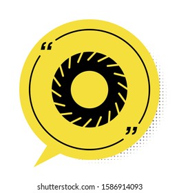 Black Car tire icon isolated on white background. Yellow speech bubble symbol. Vector Illustration