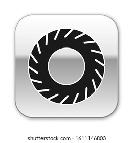 Black Car tire icon isolated on white background. Silver square button. Vector Illustration