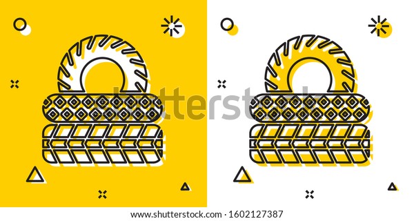 Black Car tire icon\
isolated on yellow and white background. Random dynamic shapes.\
Vector Illustration