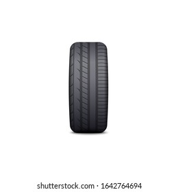 Black car tire with realistic tread pattern and rubber texture isolated on white background - side view of auto wheel rim protector standing sideways - vector illustration.