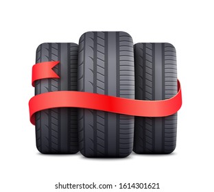 Black car tires wrapped with red ribbon - free gift or discount promotion element on auto repair or automobile parts shop. Three wheels - isolated vector illustration.