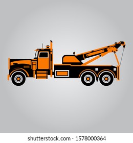 Black car tow truck with orange elements for transporting large cars on a gray background