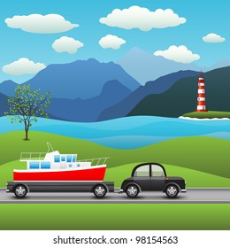 black car with a trailer and boat, on a background of sea and mountains