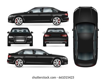 Black car vector template for car branding and advertising. Isolated business sedan set. All layers and groups well organized for easy editing and recolor. View from side; front; back; top.