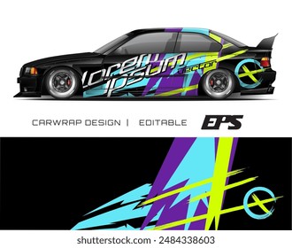Black car with vibrant, abstract wrap. Perfect for advertising, car enthusiasts, and creative design projects. Eyecatching and dynamic imagery.
