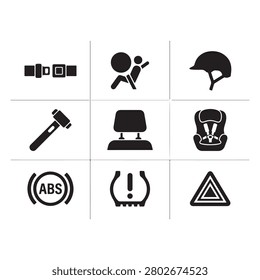 Black car warning lights and safety icons on white background, vehicle dashboard symbols.