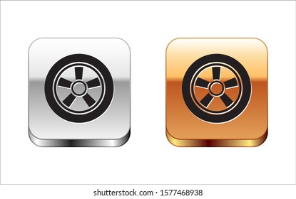 Black Car wheel icon isolated on white background. Silver-gold square button. Vector Illustration