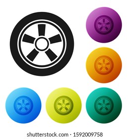 Black Car wheel icon isolated on white background. Set icons colorful circle buttons. Vector Illustration