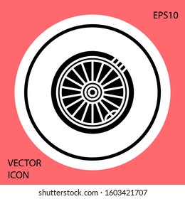 Black Car wheel icon isolated on red background. White circle button. Vector Illustration