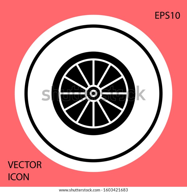 Black Car wheel icon isolated on red\
background. White circle button. Vector\
Illustration
