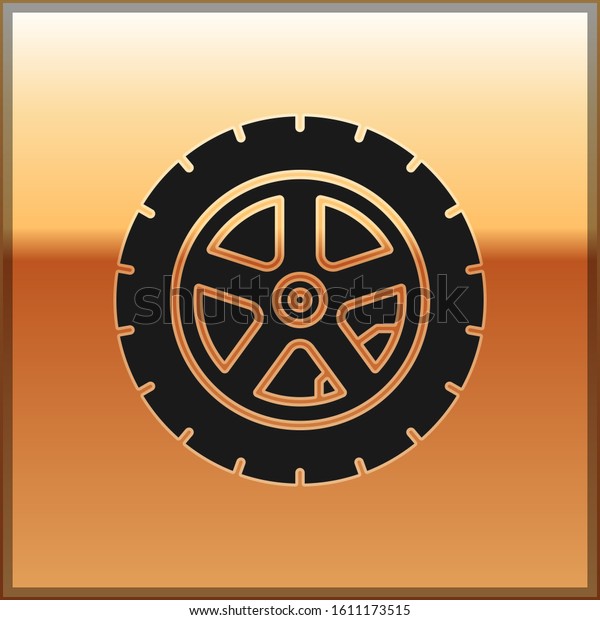 Black Car wheel icon isolated on gold\
background.  Vector\
Illustration