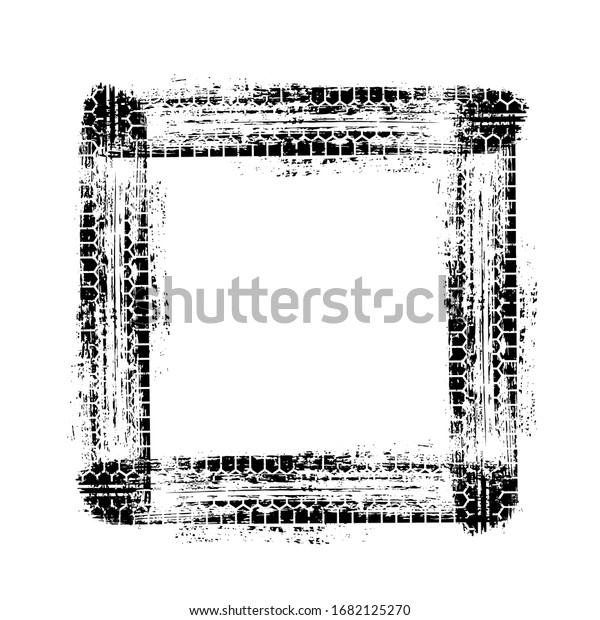 Black car wheel tire track frame in grunge square\
shape isolated on white background. Tyre tread print border.\
Geometric rectangle figure. Distressed overlay automotive motocross\
protector design