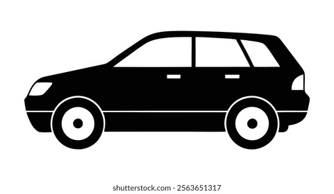A black car with a white background. The car is parked on the side of the road. The car is a sedan and has a large windshield