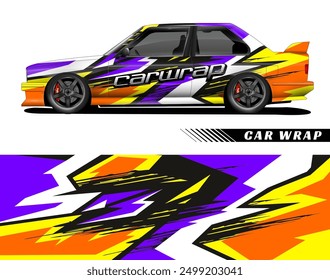 Black car wrap design with purple, yellow and orange accents. Great for advertising, vehicle graphics, custom car wraps, and commercial branding.