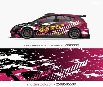 Black car wrap designed with pink, white, and yellow accents. Ideal for showcasing a vibrant and eye catching vehicle aesthetic.