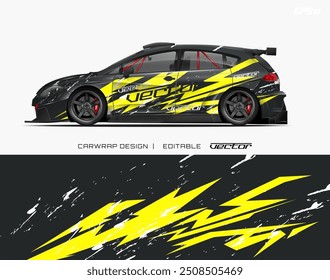 Coche negro con diseño amarillo y detalles blancos, con un tema de carreras. Es adecuado para publicidad automotriz y promociones deportivas.