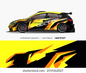 Black car with yellow and orange wrap design suitable for automotive, poster backgrounds, and car advertising campaigns.