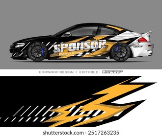 Black car with yellow and white sponsor wrap design. Suitable for automotive advertising campaigns, car rental promotions, and transportation services marketing.