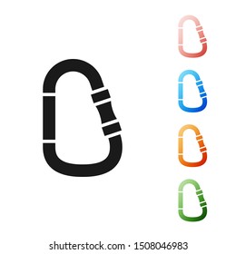Black Carabiner icon isolated on white background. Extreme sport. Sport equipment. Set icons colorful. Vector Illustration