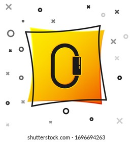 Black Carabiner icon isolated on white background. Extreme sport. Sport equipment. Yellow square button. Vector Illustration