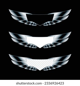 Black carbon background with chrome metal wings silhouette emblem