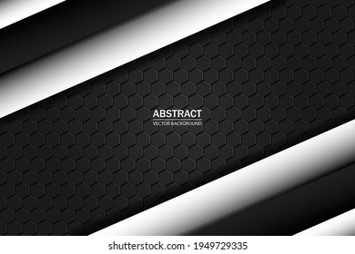 Black carbon fiber covered with metal plates. Black and white geometric shapes on a black hexagon texture. Metal grid black steel background.