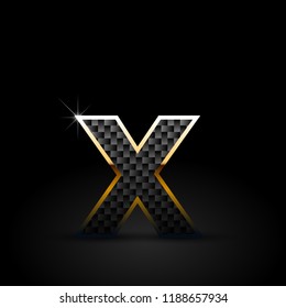 Black carbon fiber letter X lowercase. Carbon vector font with gold outline isolated on black background