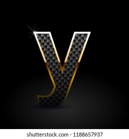 Black carbon fiber letter Y lowercase. Carbon vector font with gold outline isolated on black background