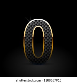 Black carbon fiber number 0. Carbon vector font with gold outline isolated on black background